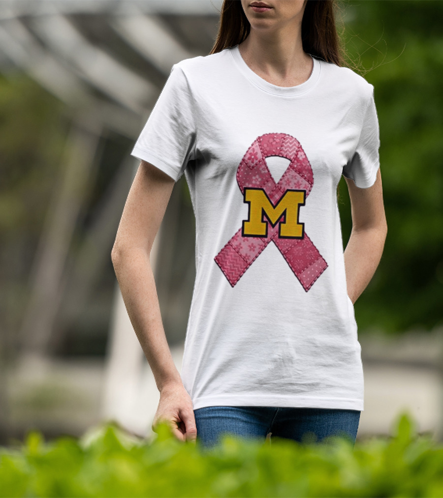 Michigan Wolverines Breast Cancer Awareness Pink Ribbon Patch T-Shirt