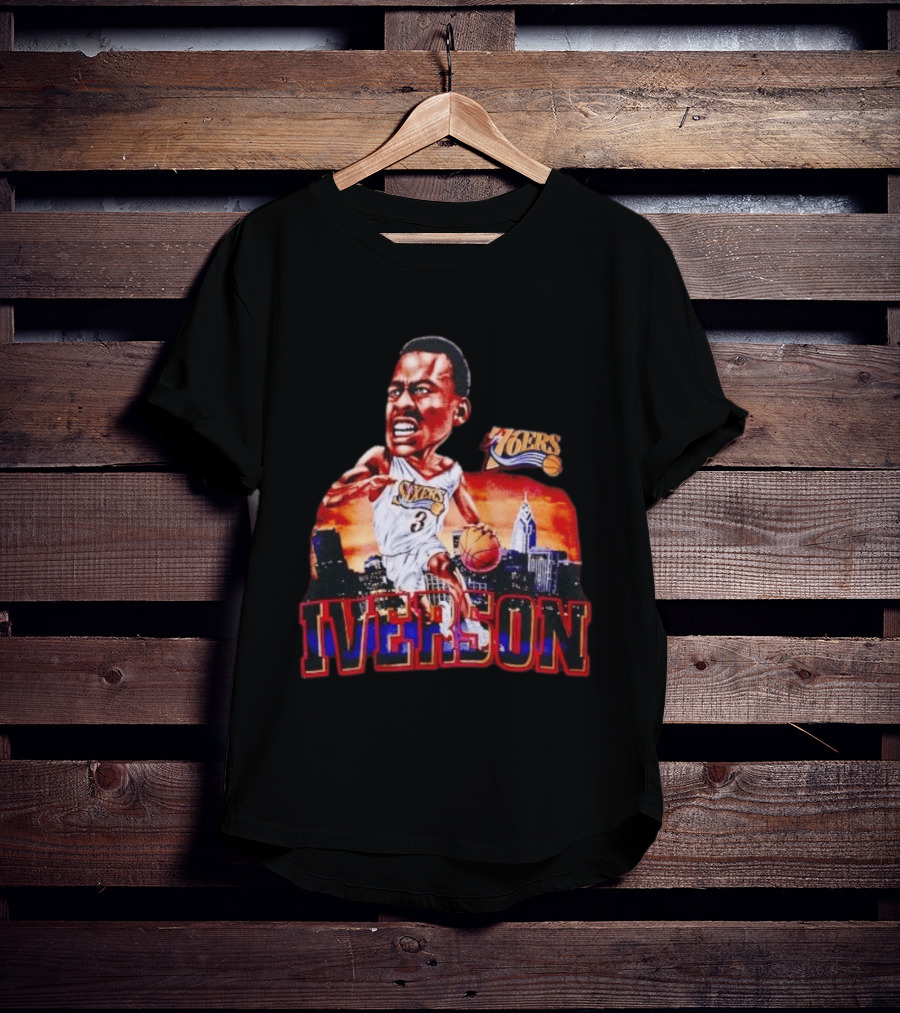 Allen Iverson 76ers Caricature With Philadelphia Skyline T-Shirt