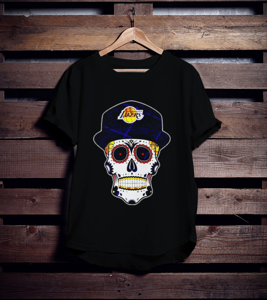 Los Angeles Lakers Sugar Skull Día De Muertos Hat Butterfly T-Shirt