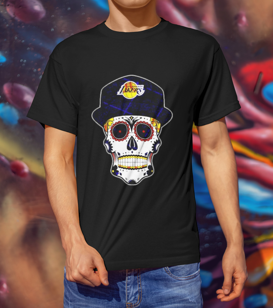 Los Angeles Lakers Sugar Skull Día De Muertos Hat Butterfly T-Shirt