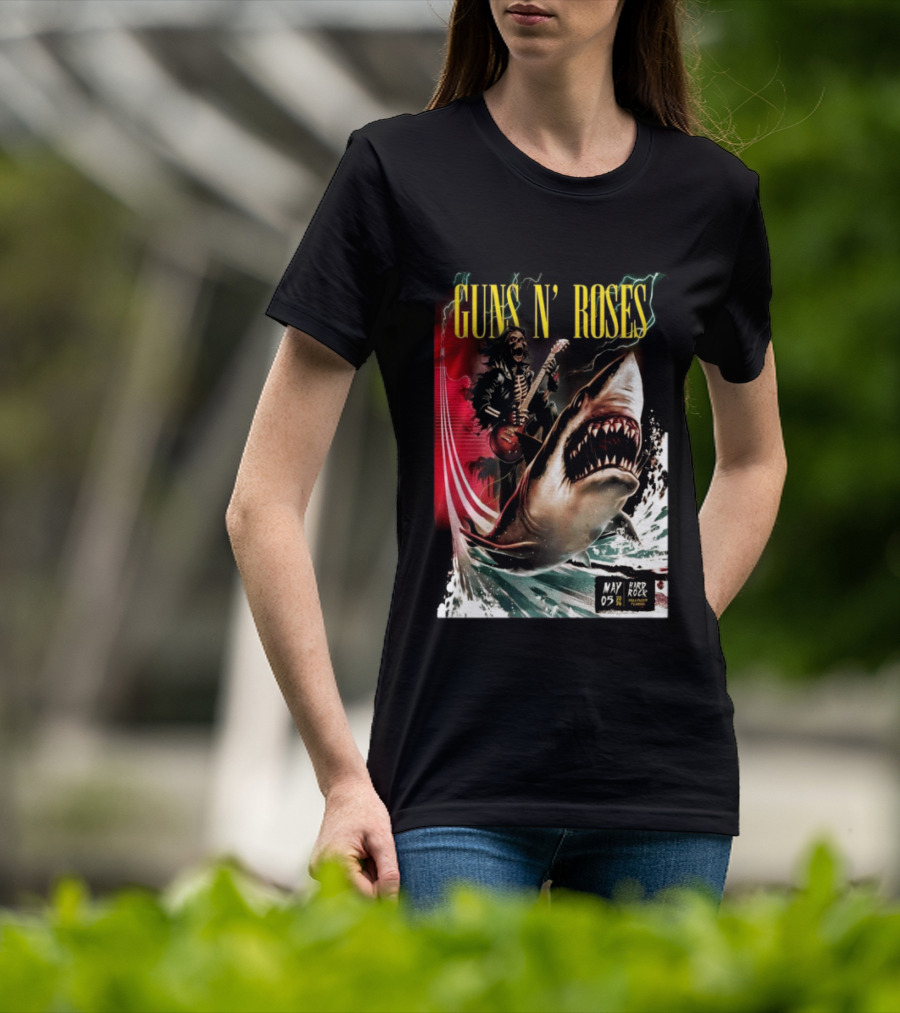 Guns N' Roses May 05 2026 Hard Rock Live Hollywood Concert Skeleton Guitarist Shark Wave T-Shirt