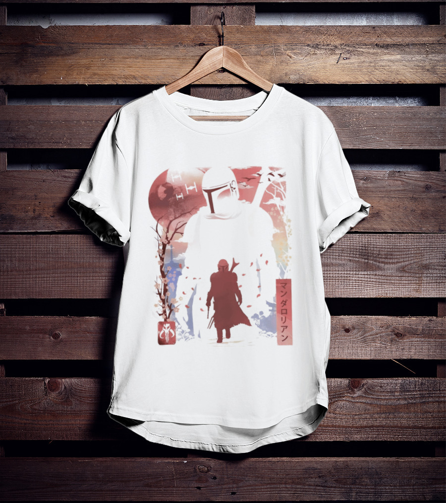 Lone Gunfighter Mandalorian Creed Japanese Text Star Wars Art Red Blue Yellow T-Shirt