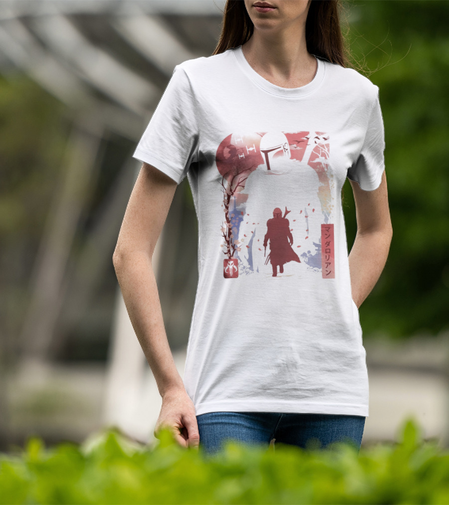 Lone Gunfighter Mandalorian Creed Japanese Text Star Wars Art Red Blue Yellow T-Shirt