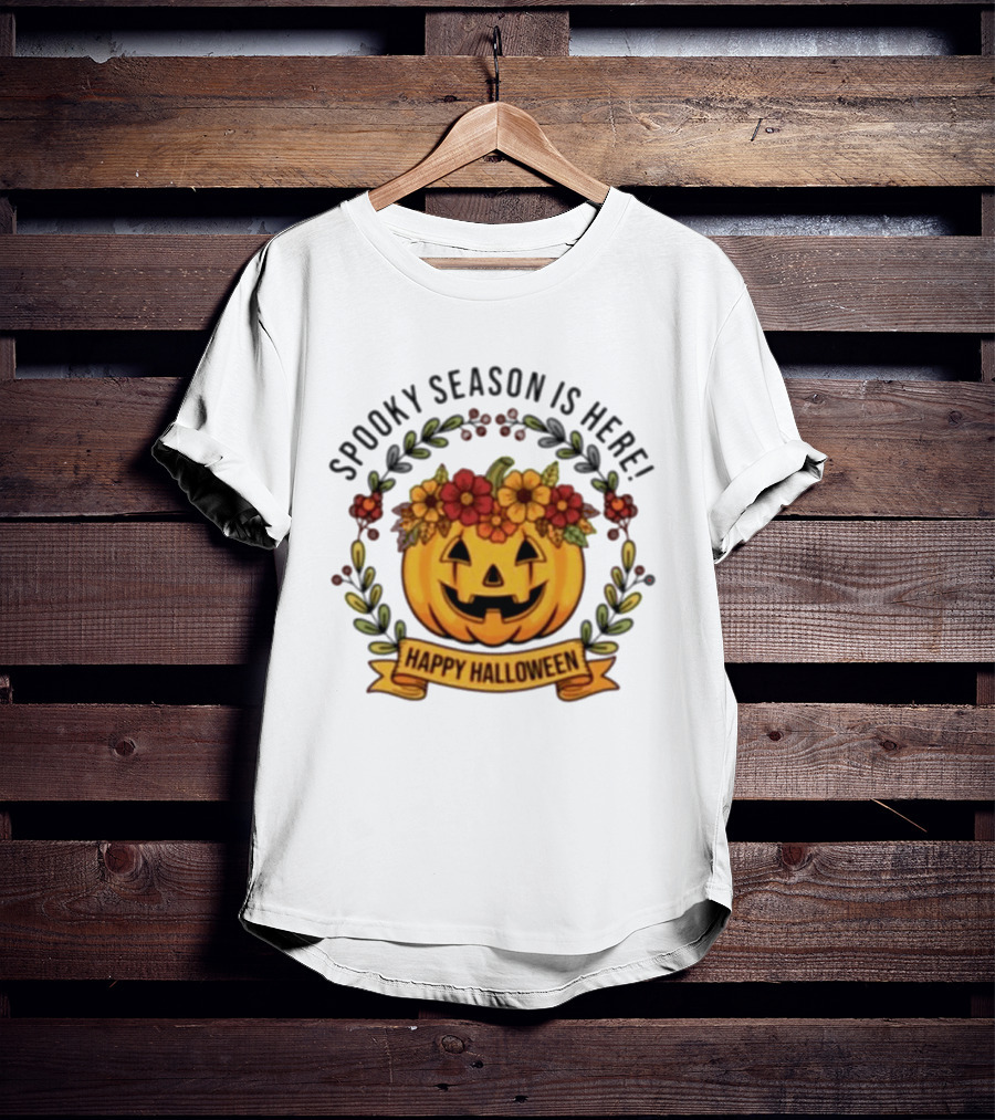 Spooky Season Is Here Happy Halloween Pumpkin With Flowers T-Shirt