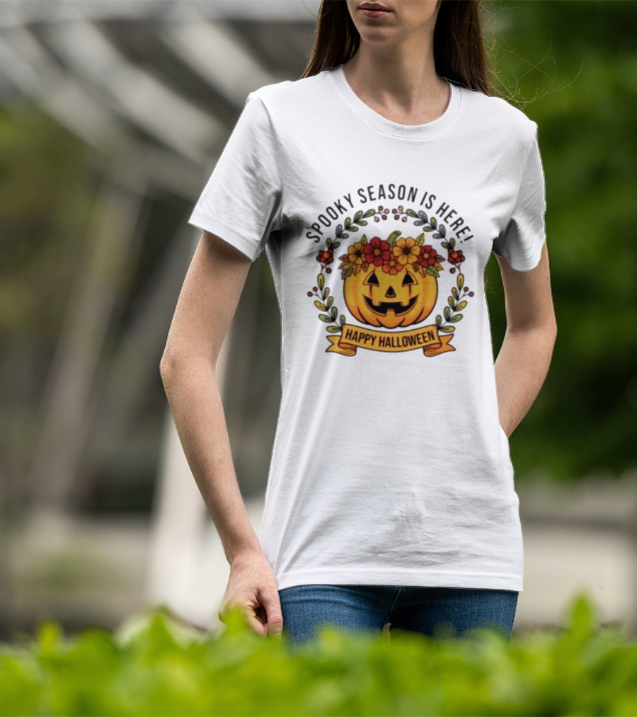 Spooky Season Is Here Happy Halloween Pumpkin With Flowers T-Shirt