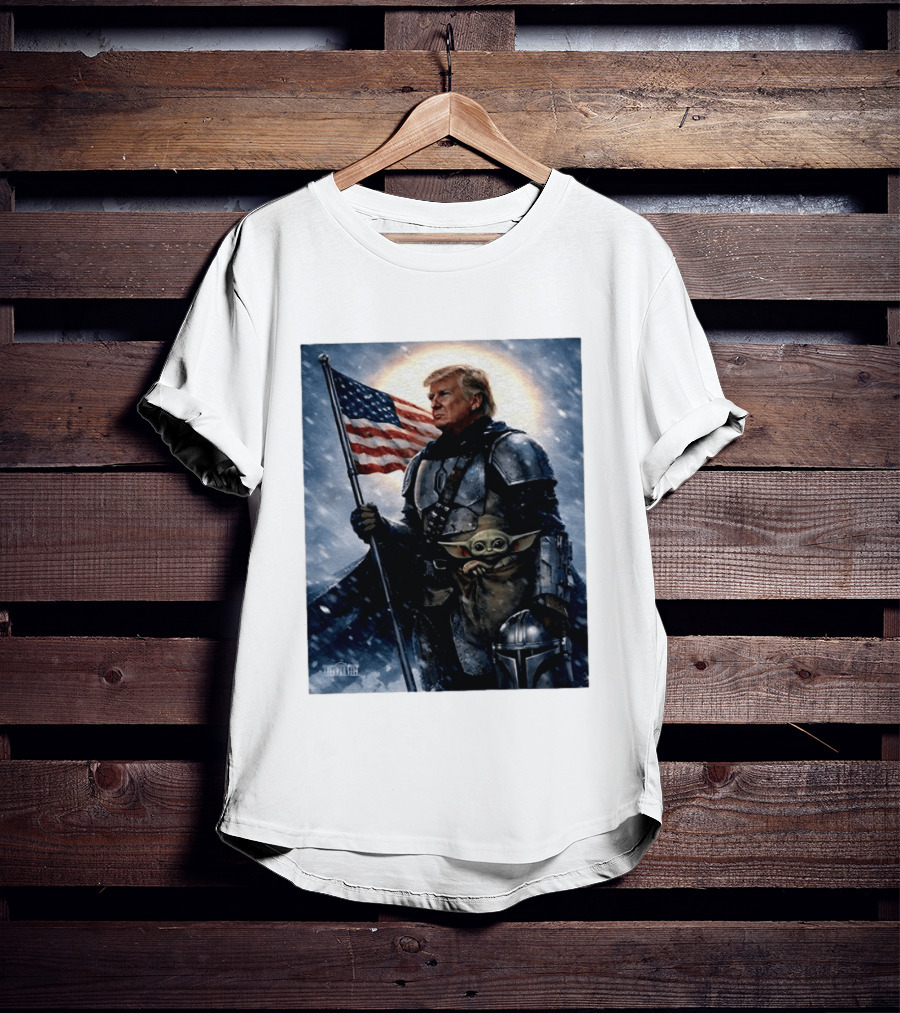 Donald Trump As The Mandalorian Holding American Flag With Grogu Star Wars T-Shirt