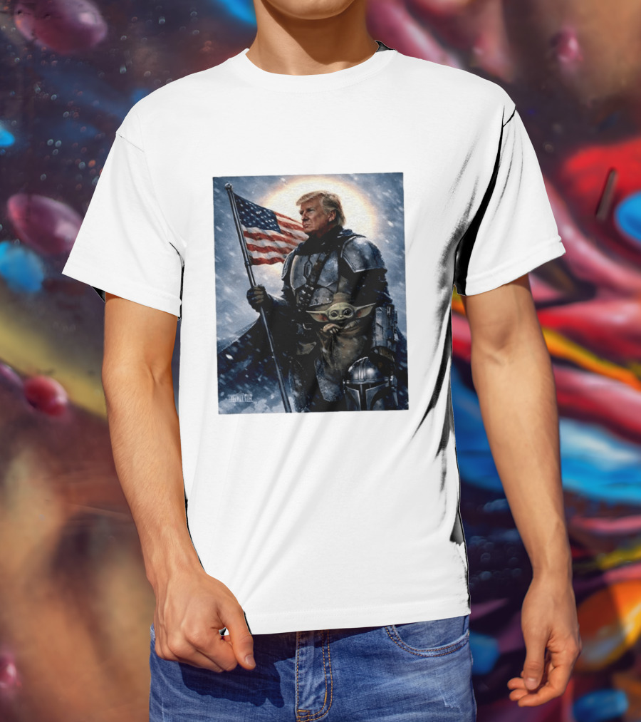 Donald Trump As The Mandalorian Holding American Flag With Grogu Star Wars T-Shirt