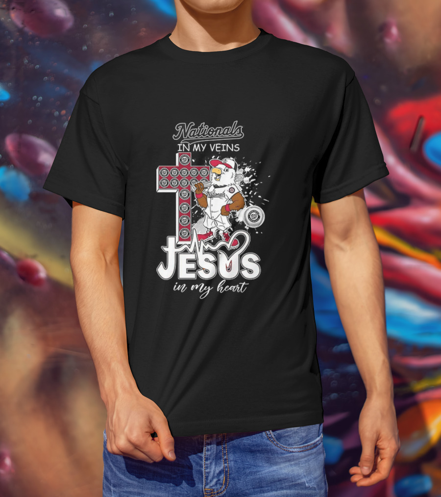 Nationals In My Veins Jesus In My Heart Baseball Cross Christian T-Shirt