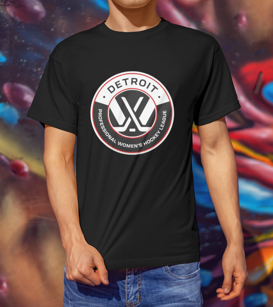 Detroit Professional Women's Hockey League Emblem With Crossed Sticks T-Shirt