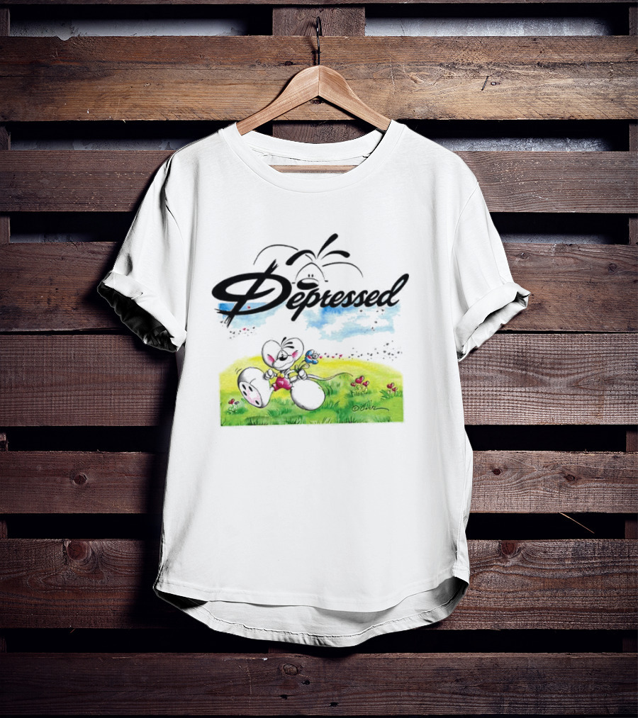 Depressed Diddl White Gerbil Cartoon In Spring Meadow T-Shirt