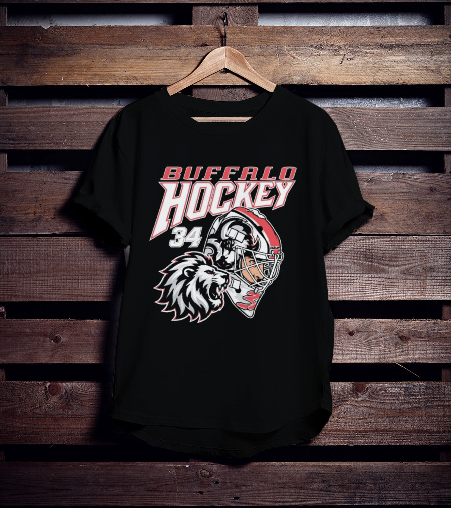 Buffalo Hockey 34 The Lyons Den Lion And Hockey Helmet T-Shirt