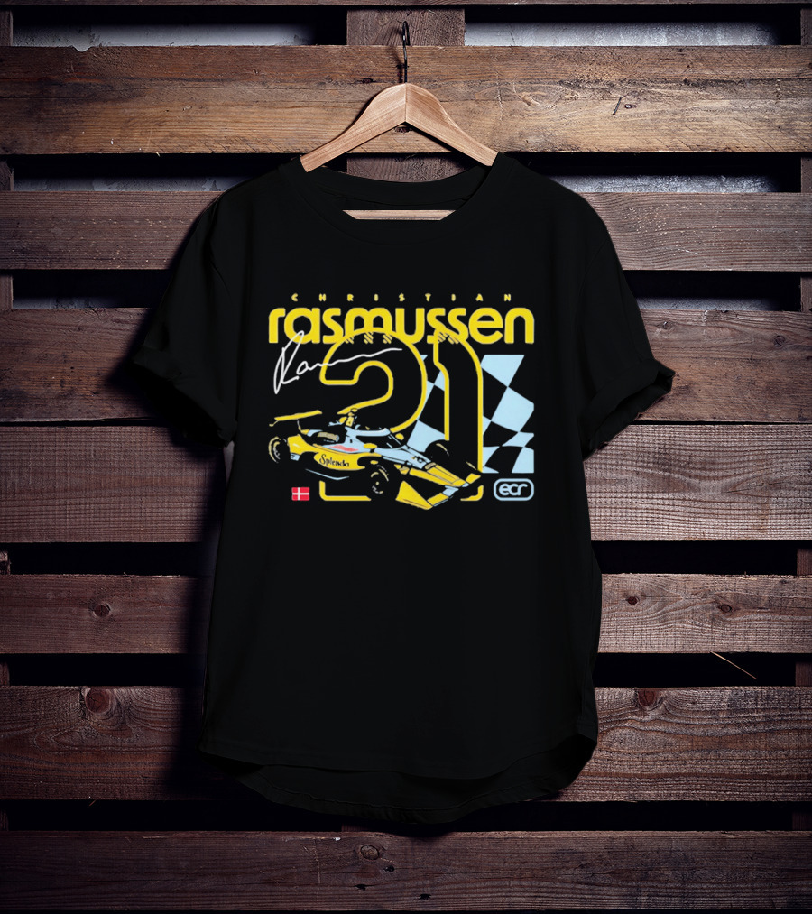 Christian Rasmussen ECR Number 21 Racing Splendor Denmark Flag Checkerboard T-Shirt