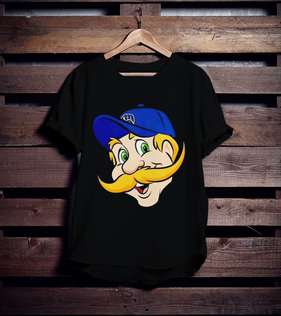 Milwaukee Brewers Big Face Mascot With Blue Cap And Mustache T-Shirt