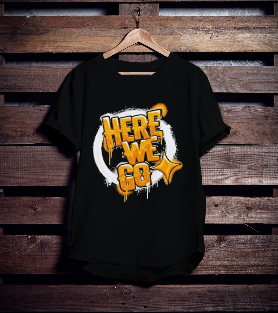Pittsburgh Steelers Here We Go Yellow Graffiti Text With Star T-Shirt
