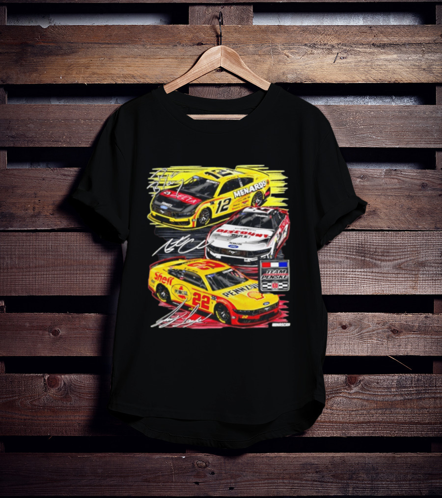 Team Penske 60th Anniversary NASCAR Racing Cars With Menards Shell Pennzoil Discount Tire Sponsors And Driver Signatures T-Shirt