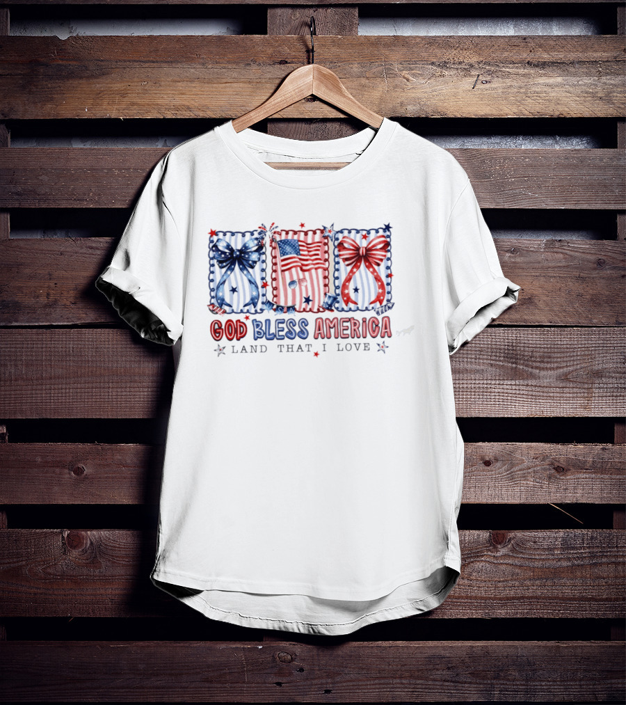 Coquette God Bless America Land That I Love Patriotic Fourth Of July Bows And Flags T-Shirt