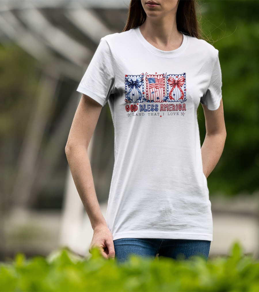 Coquette God Bless America Land That I Love Patriotic Fourth Of July Bows And Flags T-Shirt