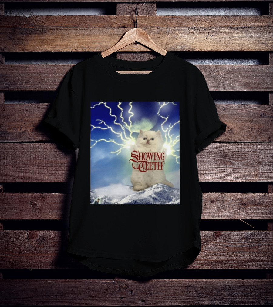 Showing Teeth Cat With Lightning Background In Blue Sky T-Shirt