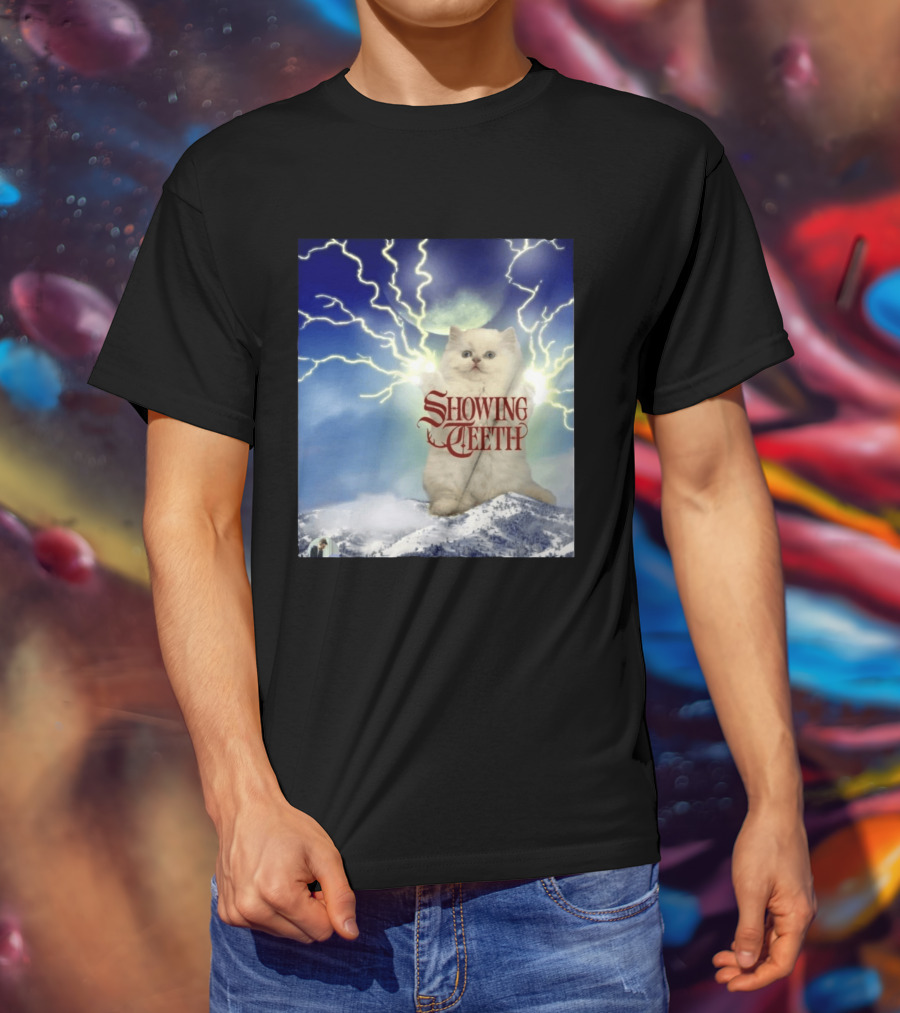 Showing Teeth Cat With Lightning Background In Blue Sky T-Shirt