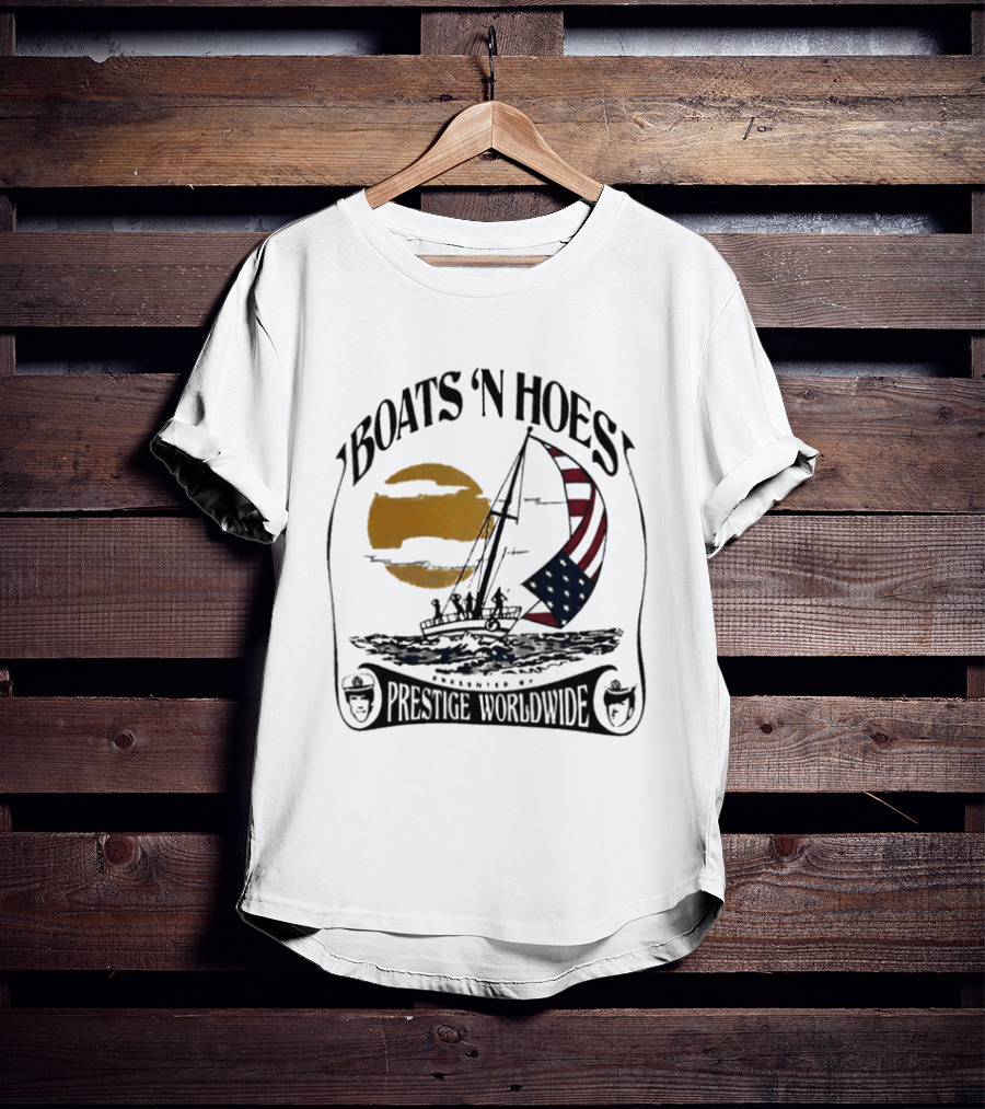 Boats N Hoes Prestige Worldwide USA Flag Sailing Sun Ocean T-Shirt