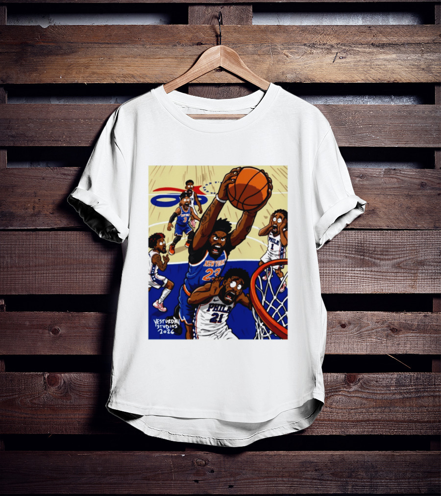 New York Knicks Mitchell Robinson Dunking On Philadelphia Joel Embiid Caricature 2026 Basketball Action T-Shirt