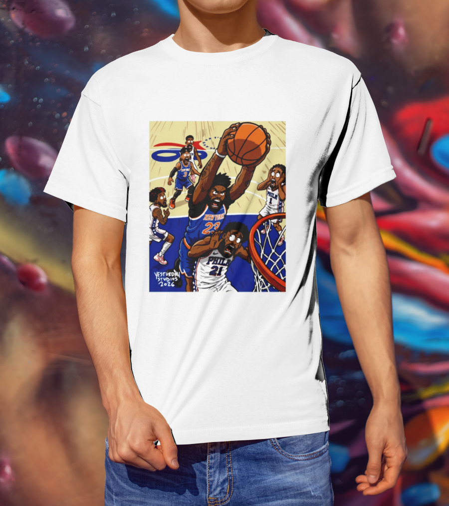 New York Knicks Mitchell Robinson Dunking On Philadelphia Joel Embiid Caricature 2026 Basketball Action T-Shirt