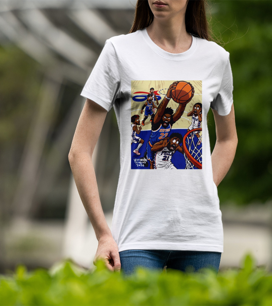 New York Knicks Mitchell Robinson Dunking On Philadelphia Joel Embiid Caricature 2026 Basketball Action T-Shirt