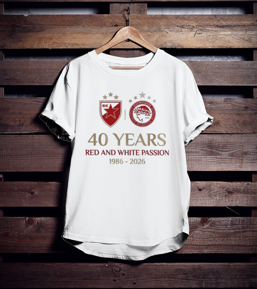 Olympiacos FC 40 Years Red And White Passion 1986 2026 T-Shirt