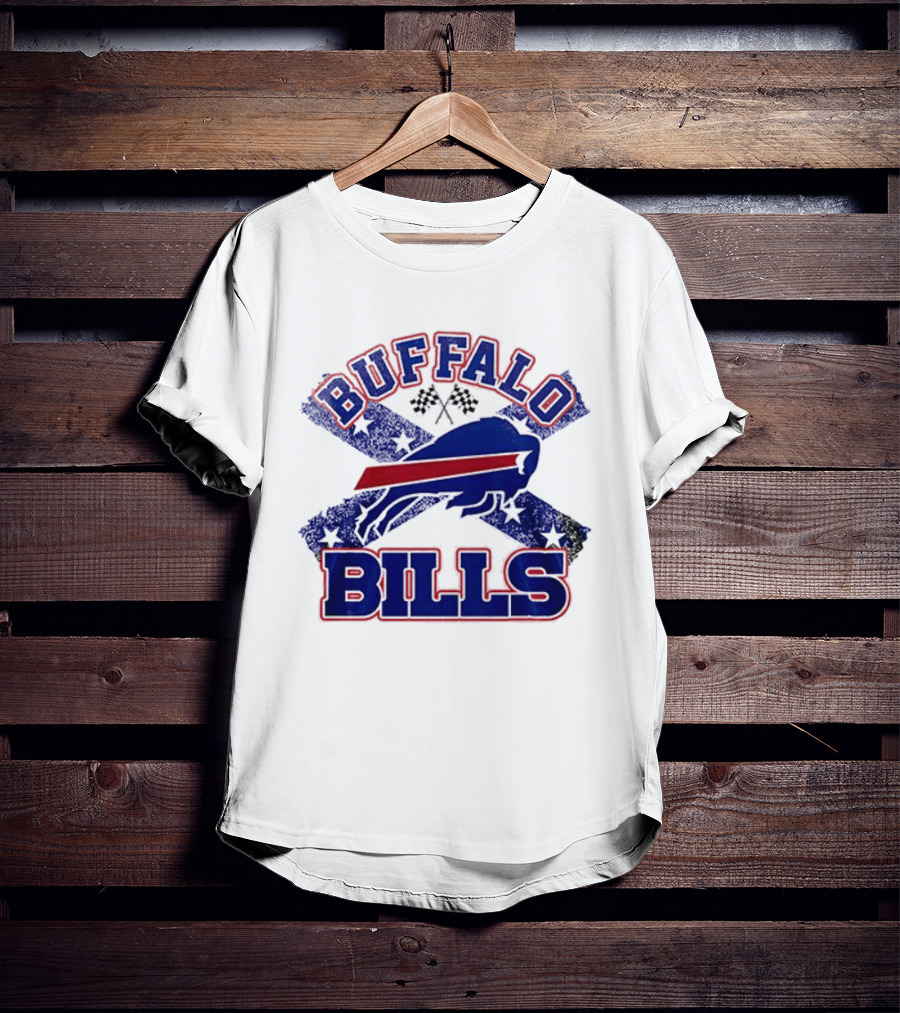 Buffalo Bills Caricature With Flag And Crossed Checkered Flags T-Shirt
