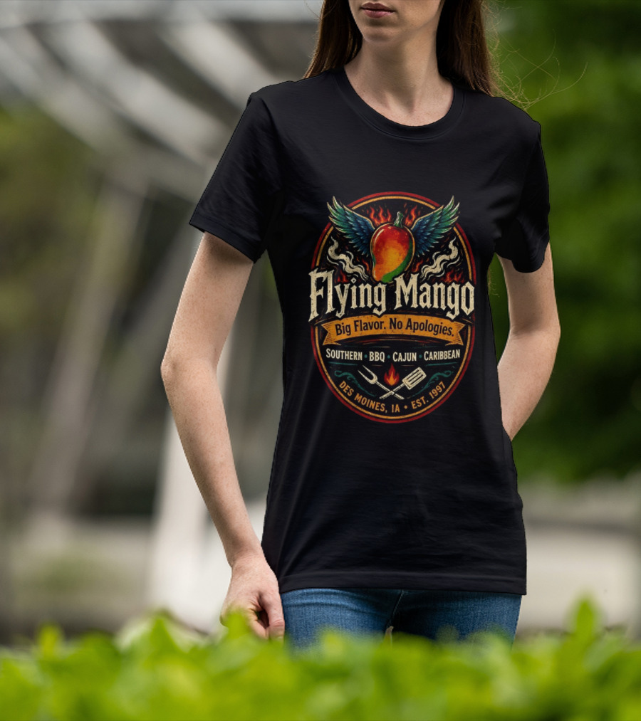 Flying Mango Southern BBQ Cajun Caribbean Des Moines IA Est 1997 T-Shirt