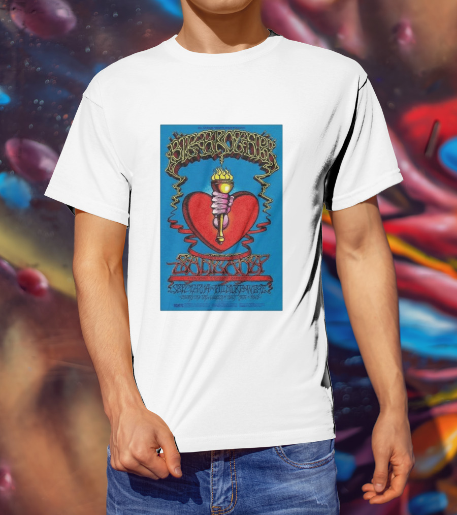 Big Brother The Holding Company Blue Background Red Heart And Torch Iconic Psychedelic T-Shirt