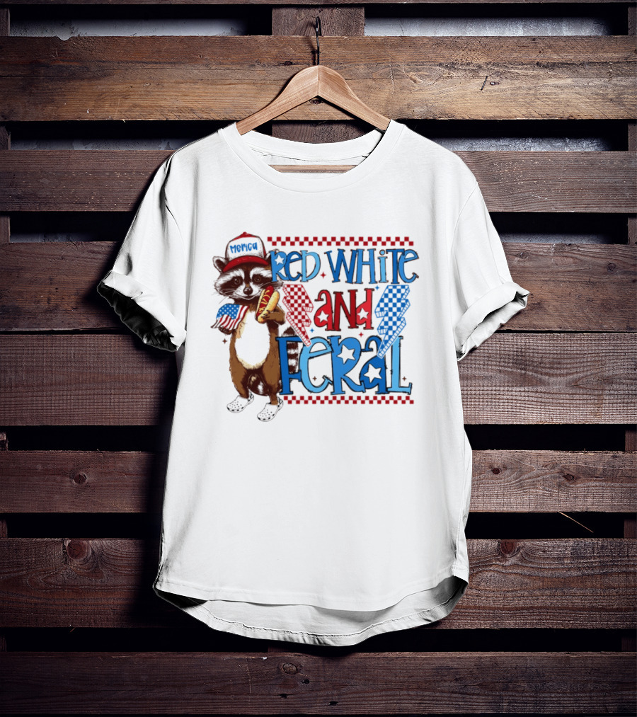Red White And Feral Raccoon Hot Dog Patriotic 4th Of July Celebration T-Shirt