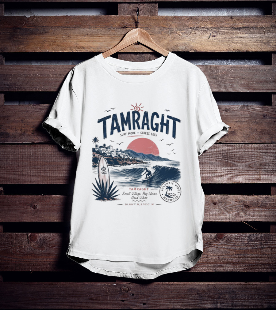 Tamraght Surf Maroc A Surfing Adventure Red Sun Ocean Waves T-Shirt