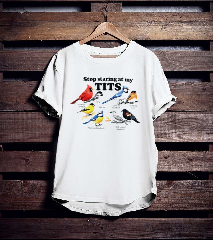 Stop Staring At My Tits Northern Cardinal Blue Jay American Goldfinch Mourning Dove Red Winged Blackbird T-Shirt