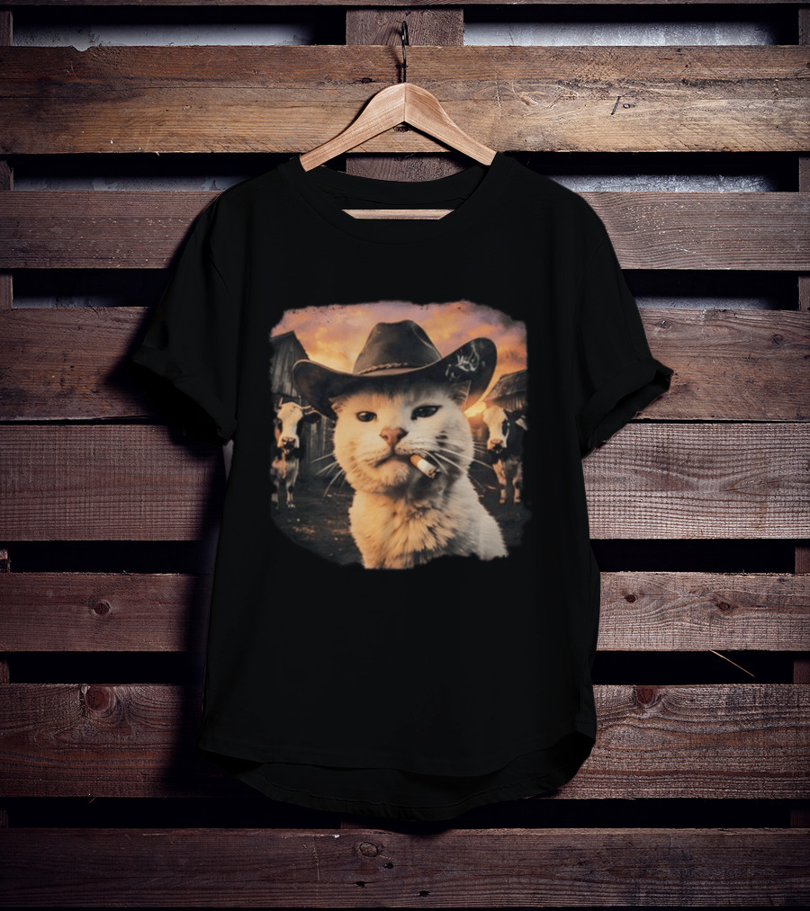 Cowboy Cat Smoking Cigarette In Rustic Barnyard Scene With Cows T-Shirt