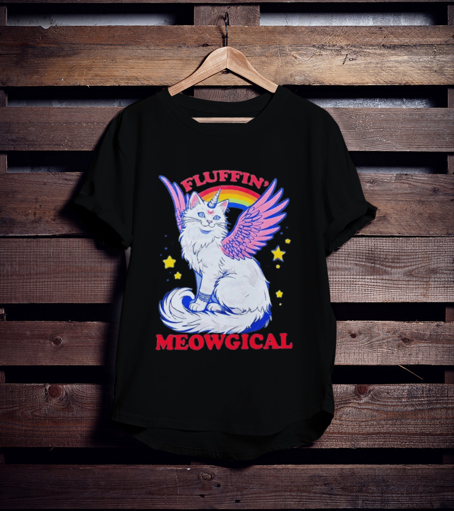Fluffin' Meowgical Winged Unicorn Cat Rainbow Stars T-Shirt