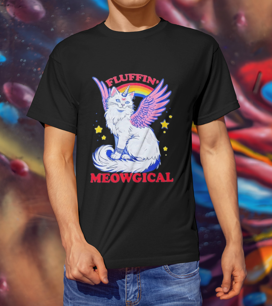 Fluffin' Meowgical Winged Unicorn Cat Rainbow Stars T-Shirt