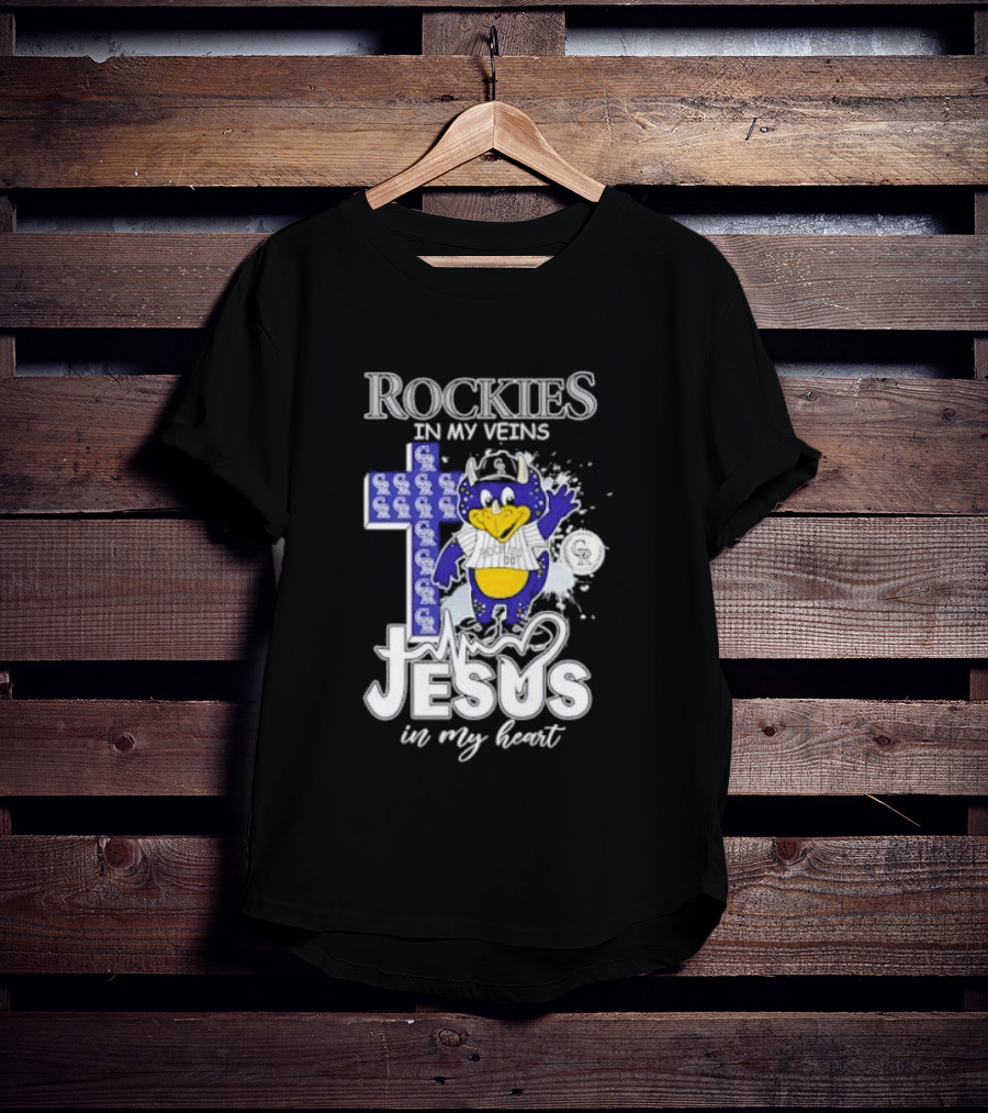 Colorado Rockies Baseball In My Veins Jesus In My Heart Cross Christian Rockies T-Shirt