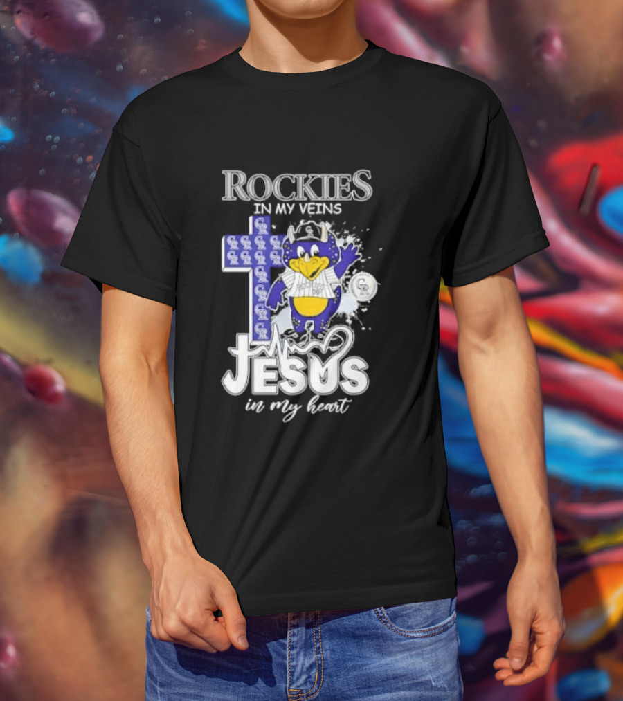 Colorado Rockies Baseball In My Veins Jesus In My Heart Cross Christian Rockies T-Shirt