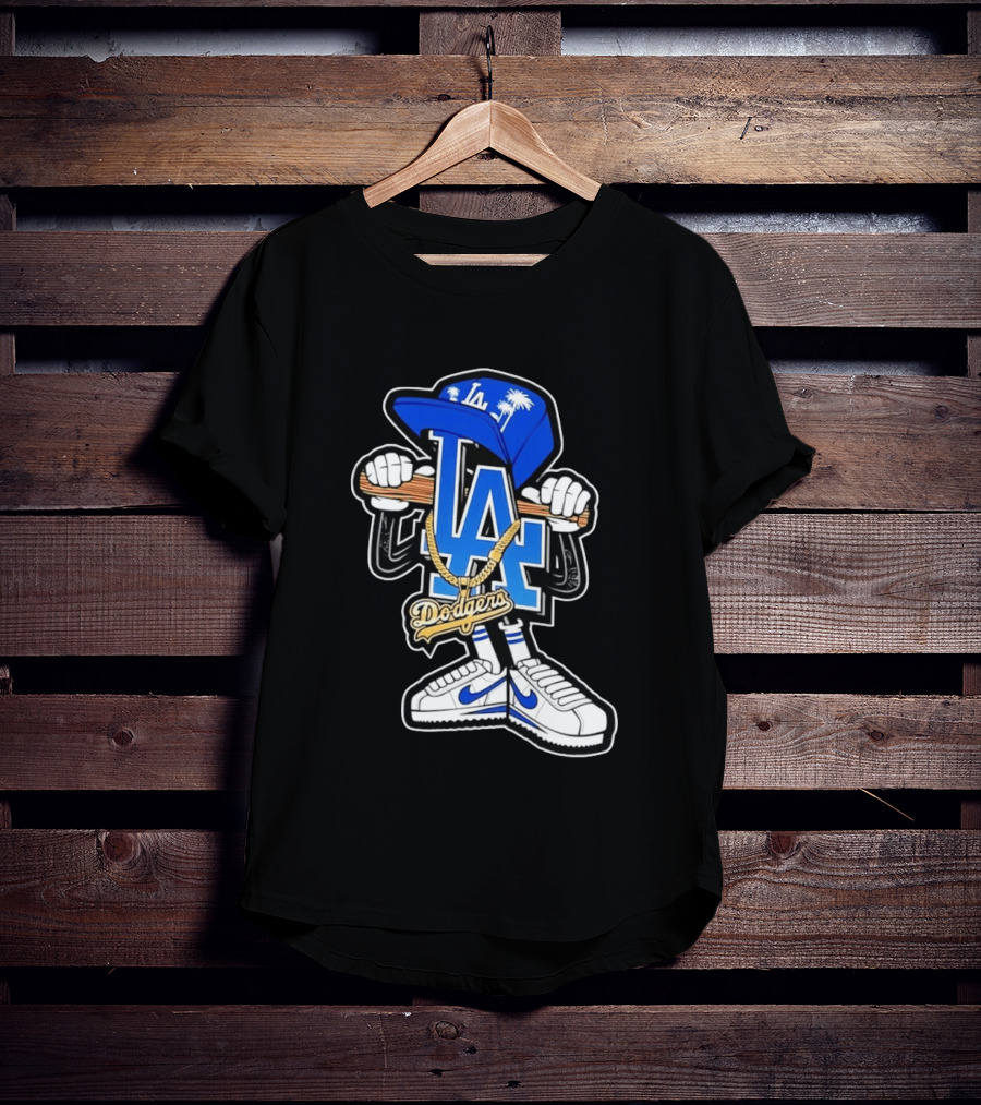 LA Dodgers Palm Trees Gold Chain With Blue Hat And Sneakers T-Shirt