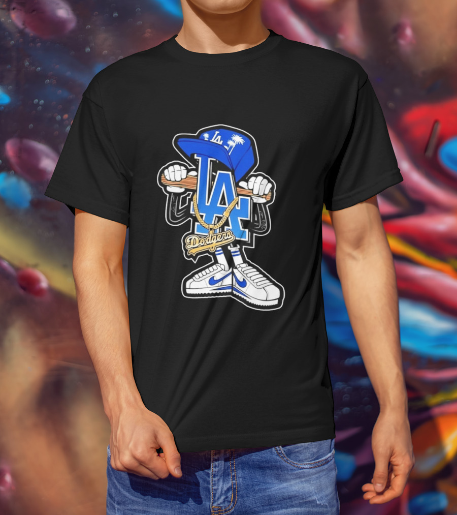 LA Dodgers Palm Trees Gold Chain With Blue Hat And Sneakers T-Shirt