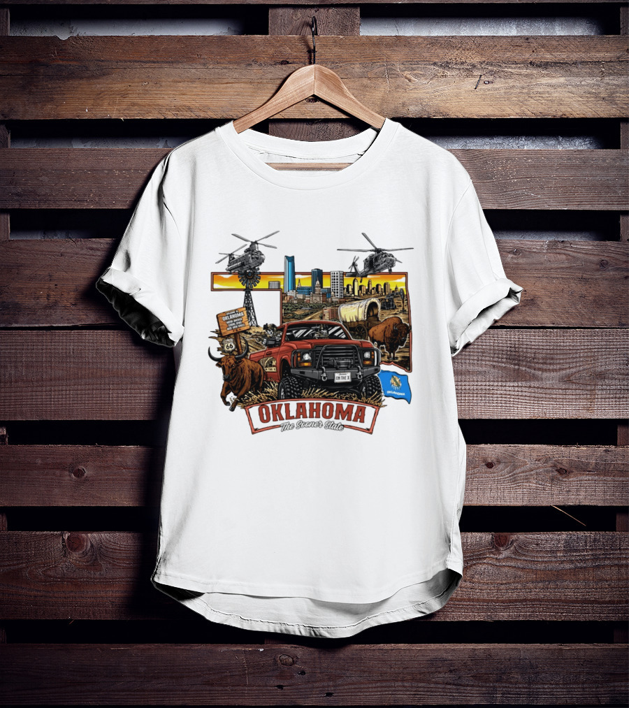 Oklahoma The Sooner State Route 66 Buffalo Cityscape Helicopters T-Shirt