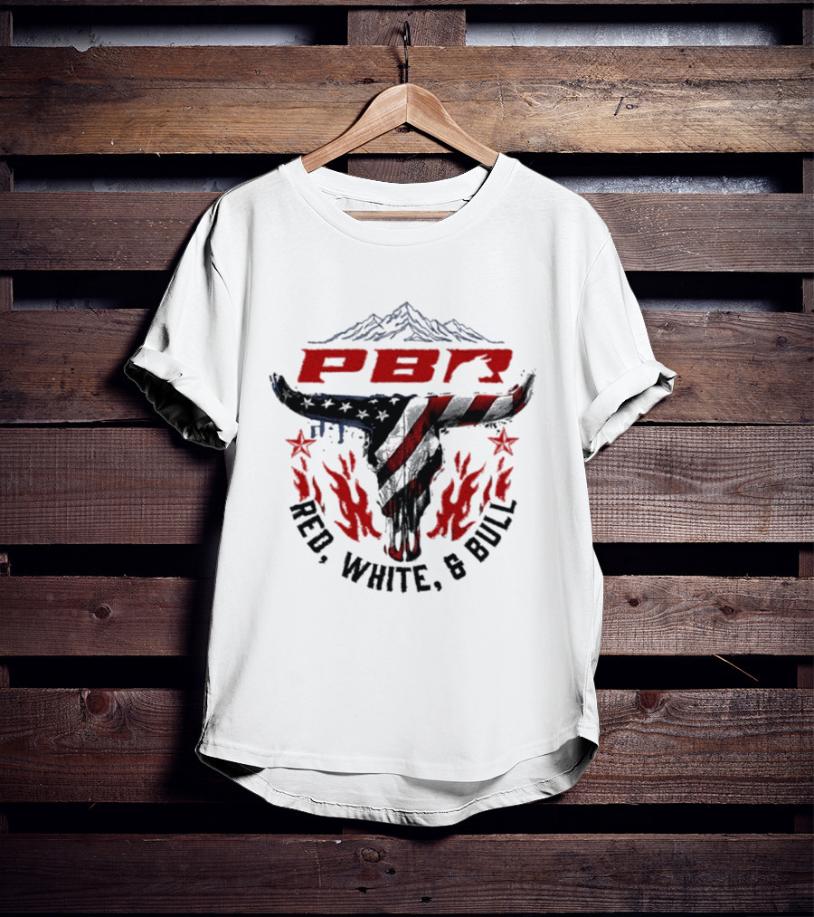 PBR Red White And Bull Mountain Skull Stars And Flames T-Shirt
