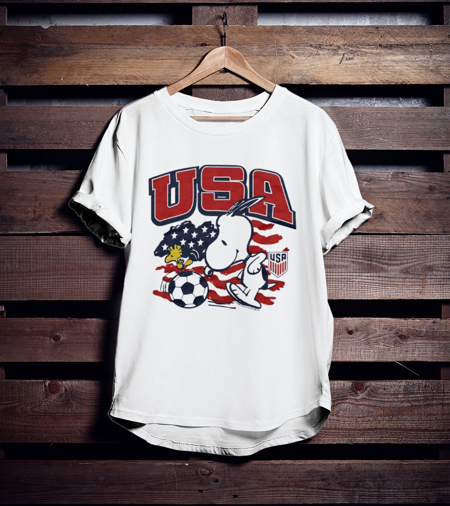 USA Soccer Snoopy And Woodstock Peanuts Characters With American Flag T-Shirt