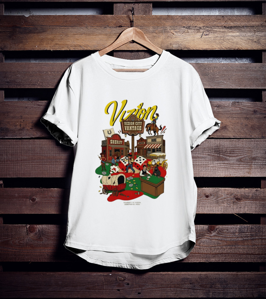 Vizion City Vantage Wild West Cowboy Town Dice Saloon Sheriff Wagon Horse T-Shirt