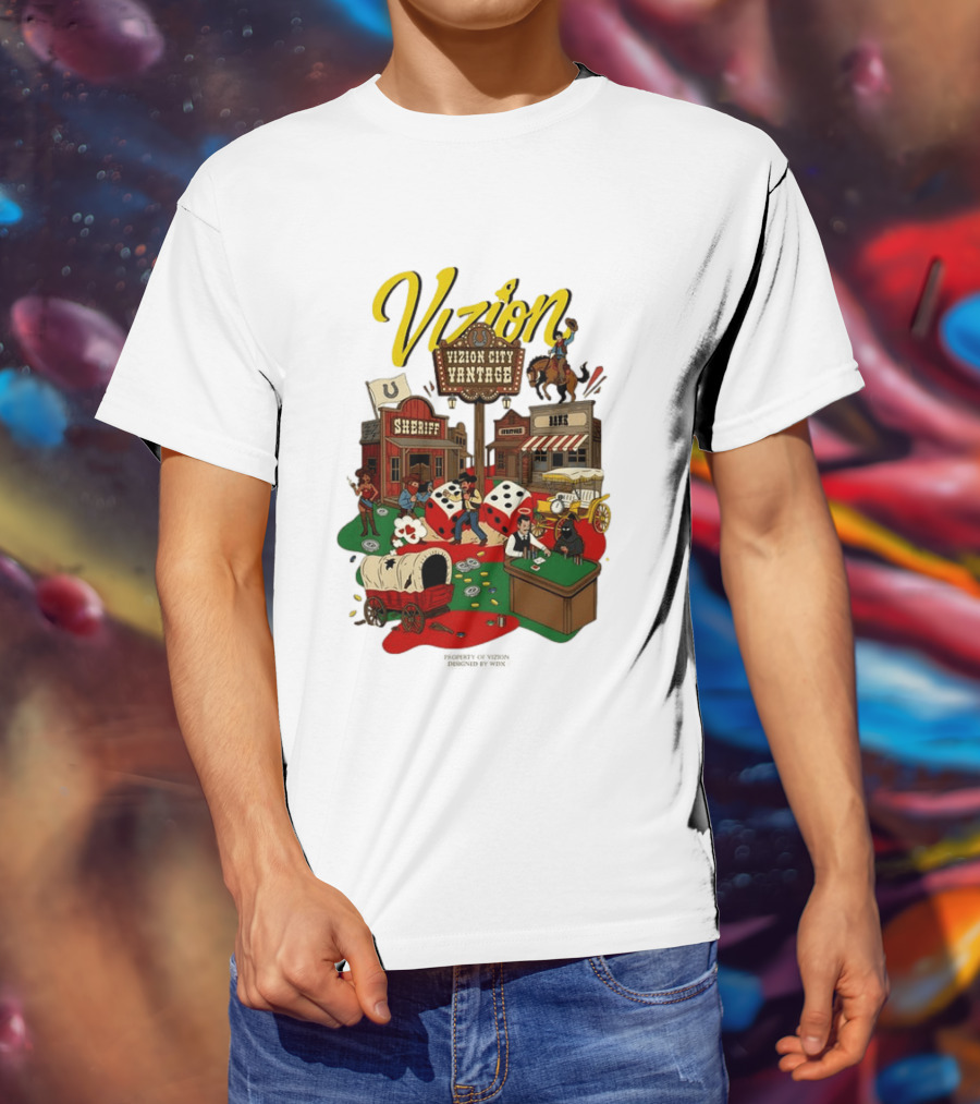 Vizion City Vantage Wild West Cowboy Town Dice Saloon Sheriff Wagon Horse T-Shirt