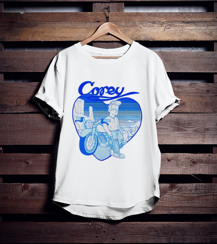Corey Simpson Motorcycle In Heart Retro Cartoon Style With Blue Desert T-Shirt