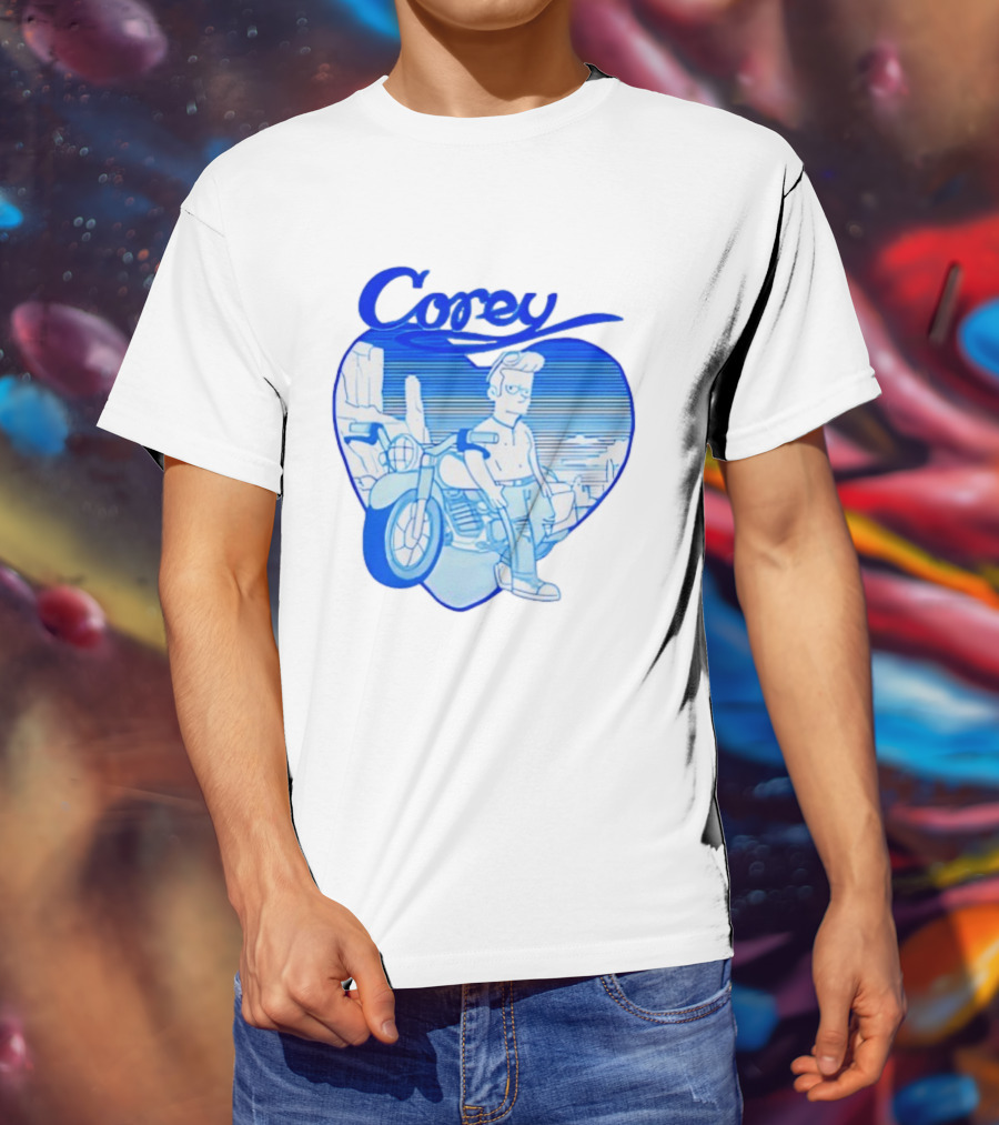 Corey Simpson Motorcycle In Heart Retro Cartoon Style With Blue Desert T-Shirt