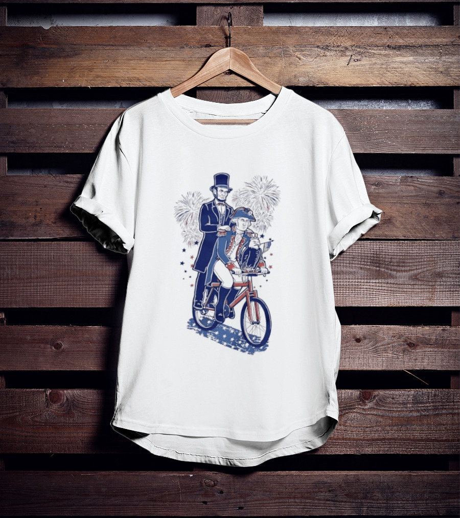 Abraham Lincoln George Washington Eagle Bicycle Fireworks Celebration T-Shirt