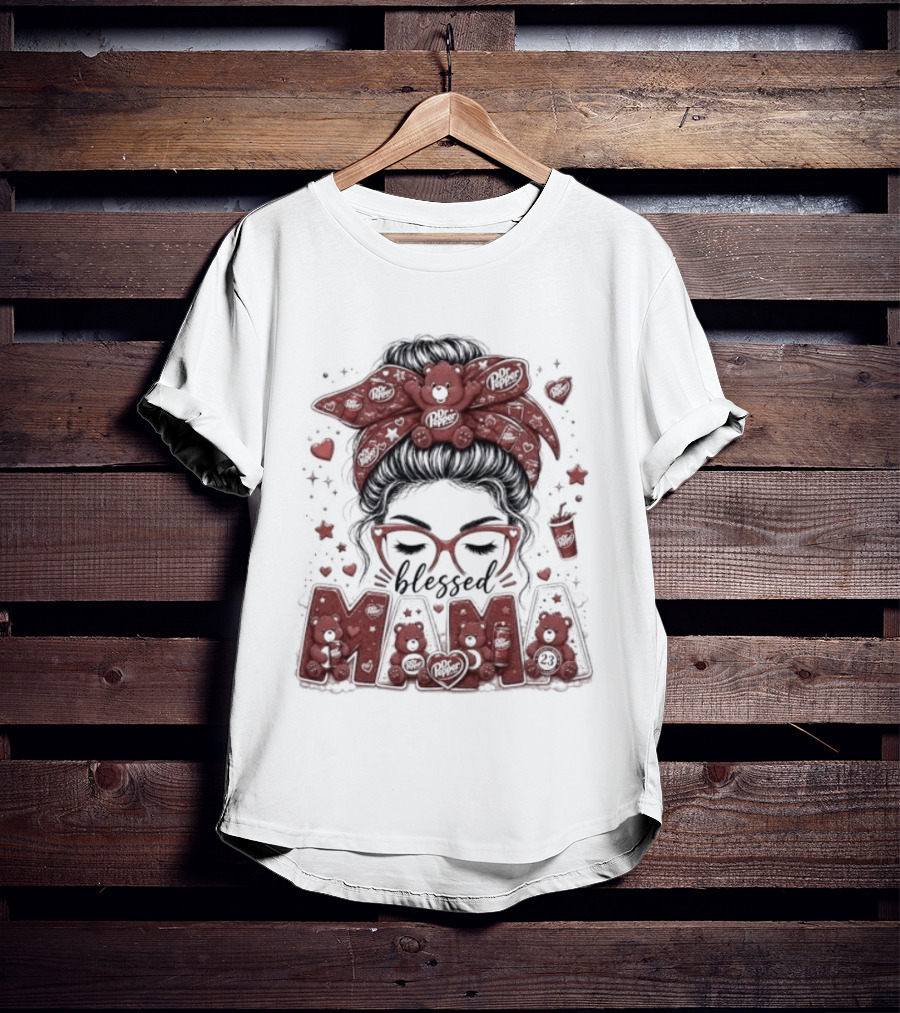Messy Bun Dr Pepper Blessed Mama Glasses And Bandana T-Shirt